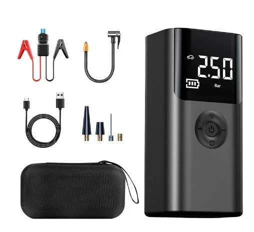 12000mAh Portable Multifunctional Car Jump Starter & Tire Inflator | All-in-One 12V Device with Phone Charging, LED Lighting, and Pressure Gauge