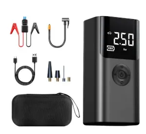 12000mAh Portable Multifunctional Car Jump Starter & Tire Inflator | All-in-One 12V Device with Phone Charging, LED Lighting, and Pressure Gauge