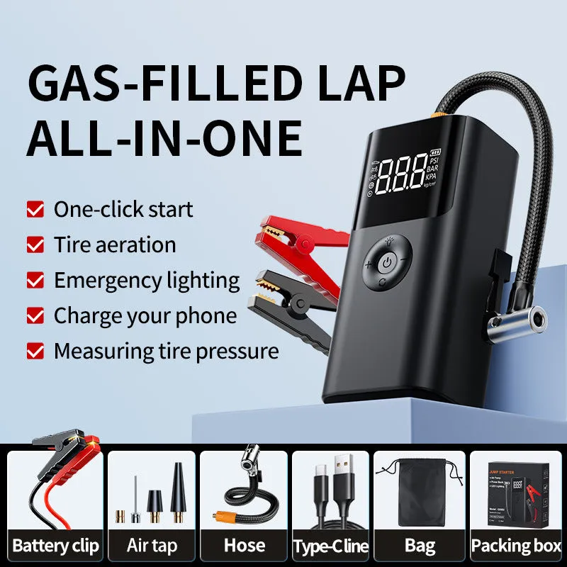 12000mAh Portable Multifunctional Car Jump Starter & Tire Inflator | All-in-One 12V Device with Phone Charging, LED Lighting, and Pressure Gauge