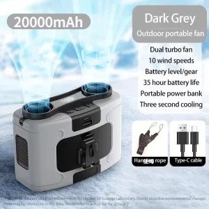 20000mAh Portable Waist Fan | Hanging Neck Fan | Strong Wind | Power Bank & LED Light | Outdoor Sports & Work