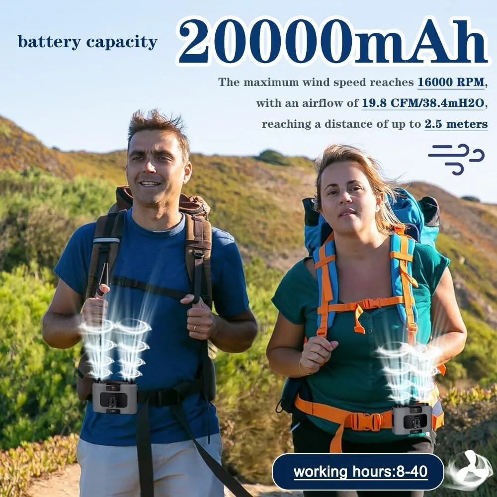 20000mAh Portable Waist Fan | Hanging Neck Fan | Strong Wind | Power Bank & LED Light | Outdoor Sports & Work