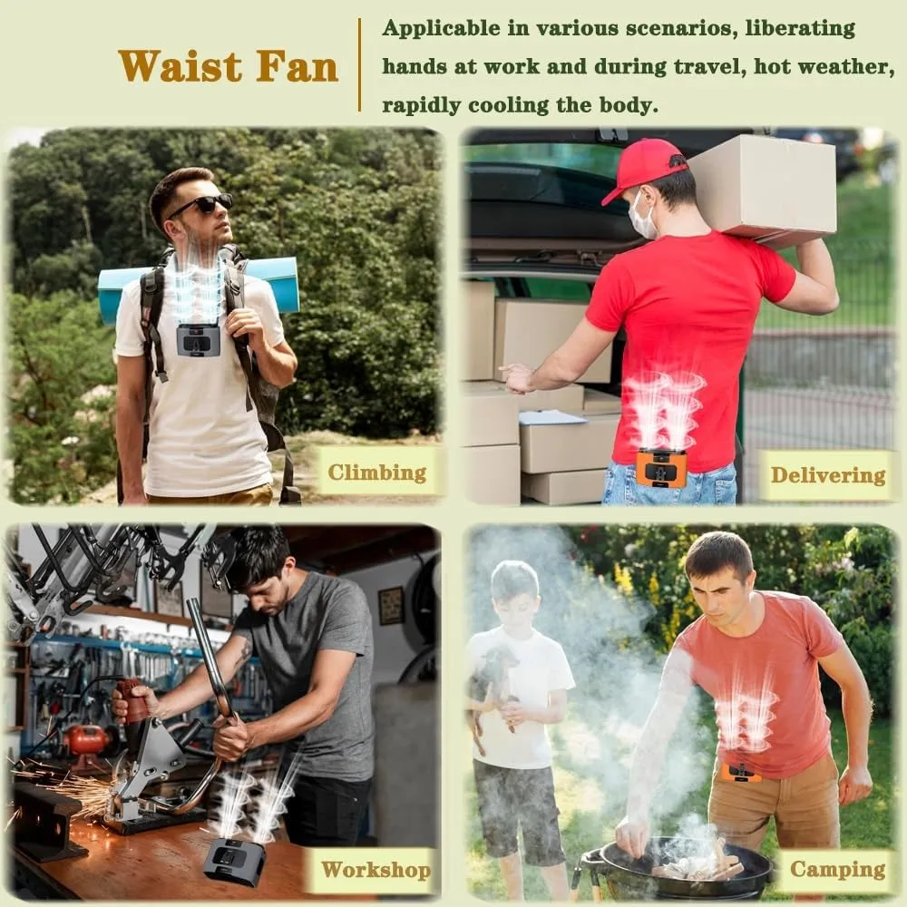 20000mAh Portable Waist Fan | Hanging Neck Fan | Strong Wind | Power Bank & LED Light | Outdoor Sports & Work