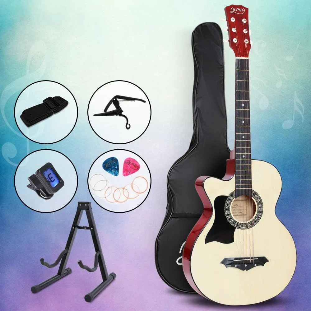 ALPHA 38 Inch Wooden Acoustic Guitar Left handed with Accessories set Natural Wood
