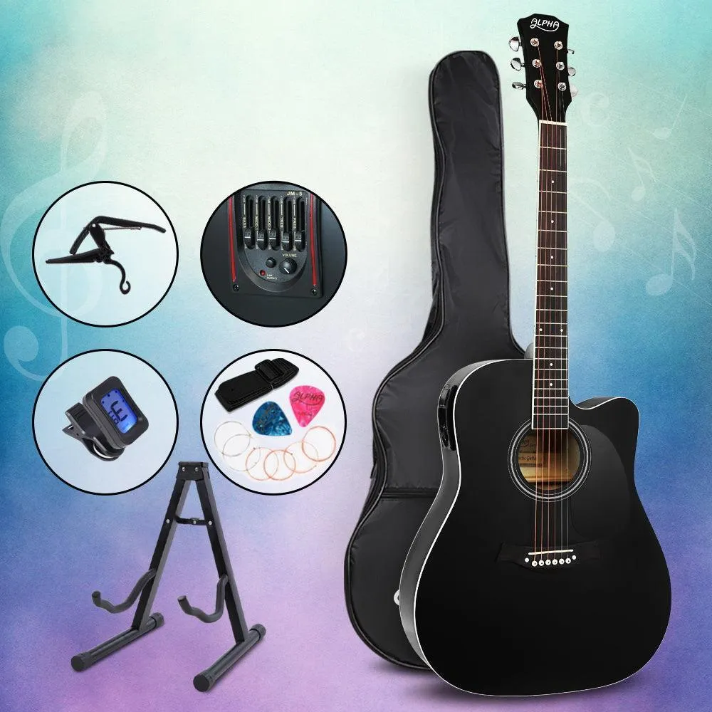 Alpha 41'' Inch Electric Acoustic Guitar Wooden Classical Full Size EQ Capo Black