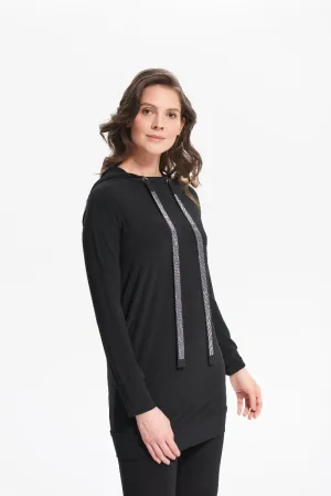 Joseph Ribkoff 214232 Black Hooded Tunic w/Sparkle Draw Strings
