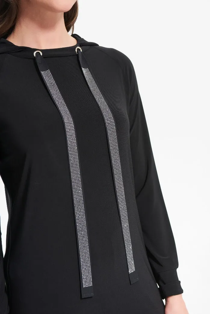 Joseph Ribkoff 214232 Black Hooded Tunic w/Sparkle Draw Strings